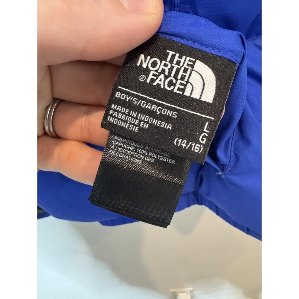 The North Face Jacket Boys Large 14/16 Blue Black 550 Down Hooded Puffer Coat